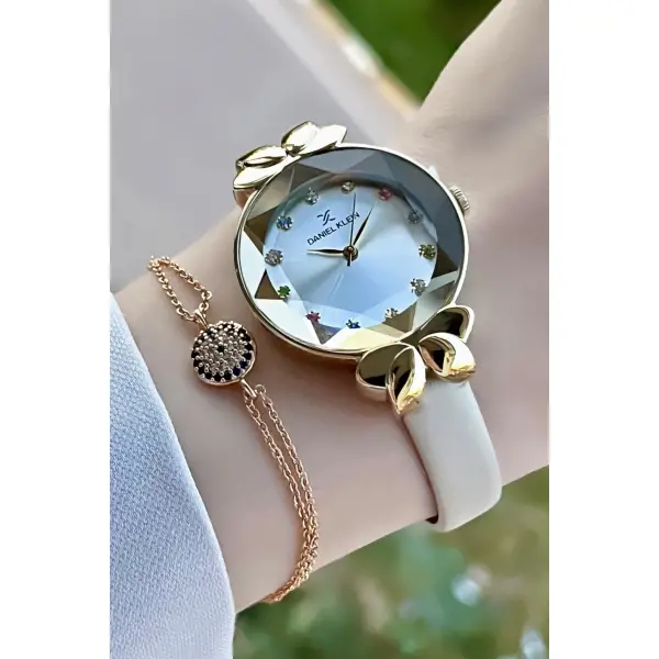 Daniel Klein DKISTE37 Yeni Model Bej Renk Deri Kordon Kadın Kol Saati ve Bileklik