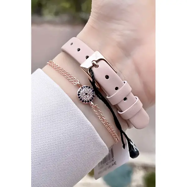 Daniel Klein DKISTE36 Yeni Model Pudra Renk Deri Kordon Kadın Kol Saati ve Bileklik