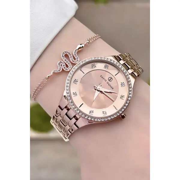 David Guner DGISTE27 Rose Renk Kesme Camlı Kadın Kol Saati ve Bileklik