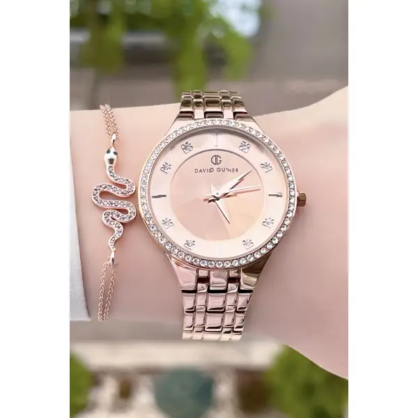 David Guner DGISTE27 Rose Renk Kesme Camlı Kadın Kol Saati ve Bileklik