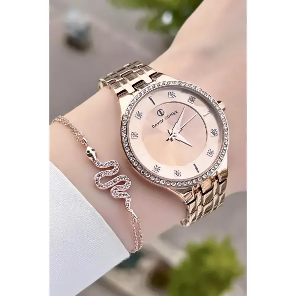 David Guner DGISTE27 Rose Renk Kesme Camlı Kadın Kol Saati ve Bileklik