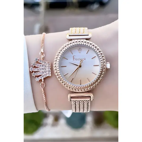 Freelook FLISTE1 Rose Renk Çelik Kordon 5 ATM Su Geçirmez Kadın Kol Saati ve Bileklik