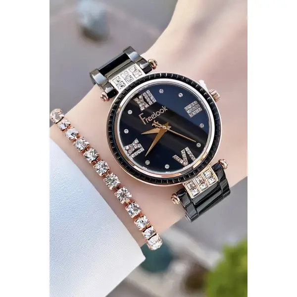 Freelook FLISTE11 Siyah Renk Çelik Kordon 5 ATM Su Geçirmez Kadın Kol Saati ve Bileklik