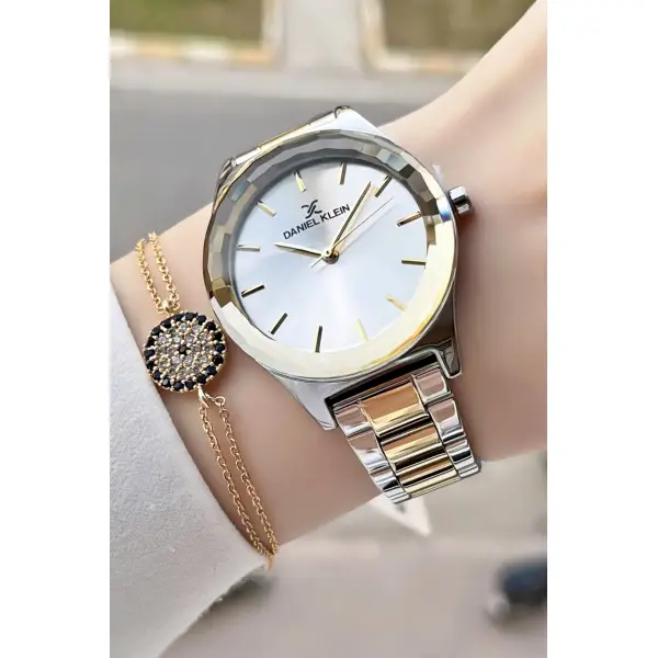 Daniel Klein DKISTE102 Gold Gümüş Renk Kesme Camlı Kadın Kol Saati Ve Bileklik