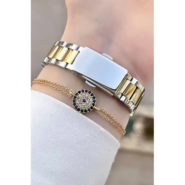 Daniel Klein DKISTE102 Gold Gümüş Renk Kesme Camlı Kadın Kol Saati Ve Bileklik