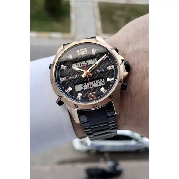 Daniel Klein DKISTE410 Kasası Rose Kordonu Siyah Renk Analog ve Dijital Dual Time Erkek Kol Saati