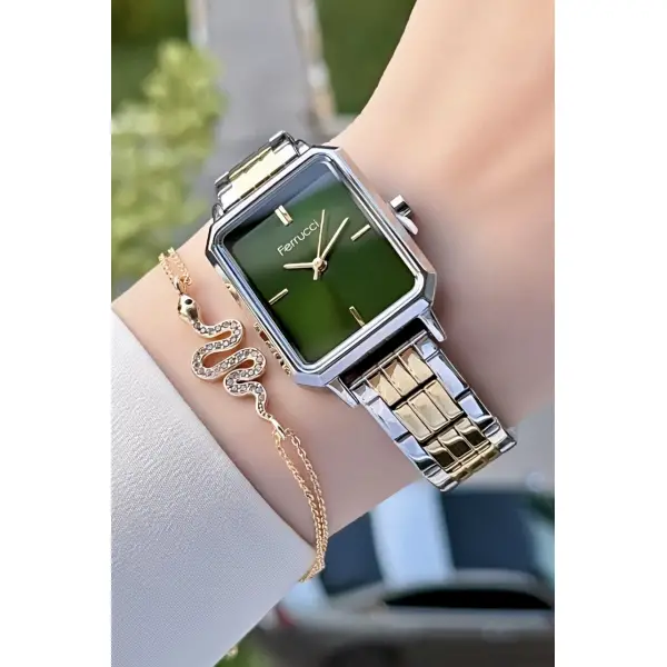 Ferrucci FCISTE140 Kadranı Yeşil Gold Gümüş Renk 2 Yıl Garantili Kadın Kol Saati ve Bileklik