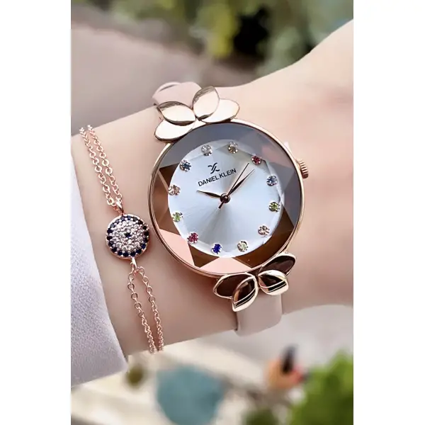 Daniel Klein DKISTE36 Yeni Model Pudra Renk Deri Kordon Kadın Kol Saati ve Bileklik