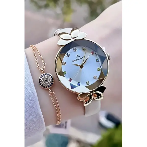 Daniel Klein DKISTE37 Yeni Model Bej Renk Deri Kordon Kadın Kol Saati ve Bileklik