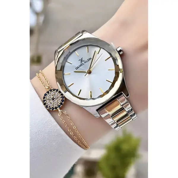 Daniel Klein DKISTE102 Gold Gümüş Renk Kesme Camlı Kadın Kol Saati Ve Bileklik