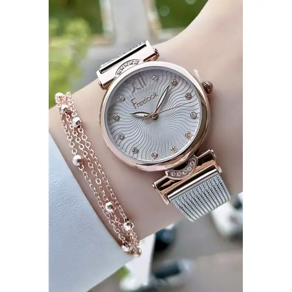 Freelook FLISTE14 Rose Gümüş Renk Hasır Kordon 5 ATM Su Geçirmez Kadın Kol Saati ve Bileklik