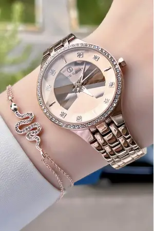 David Guner DGISTE27 Rose Renk Kesme Camlı Kadın Kol Saati ve Bileklik