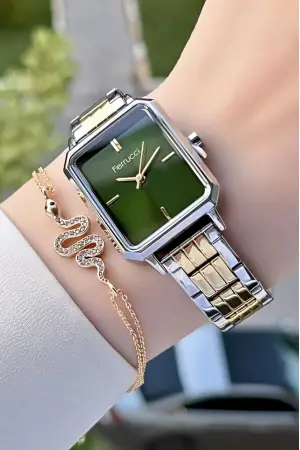 Ferrucci FCISTE140 Kadranı Yeşil Gold Gümüş Renk 2 Yıl Garantili Kadın Kol Saati ve Bileklik