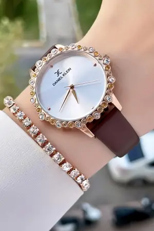 Daniel Klein DK1ISTE759 Kasası Rose Kordonu Kahverengi Renk Deri Kordon Kadın Kol Saati Ve Bileklik