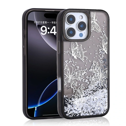 Apple iPhone 14 Pro Max Kılıf Sıvılı Simli Kelebek Baskılı Şeffaf Arka Yüzey Redclick Glis Silikon Kapak