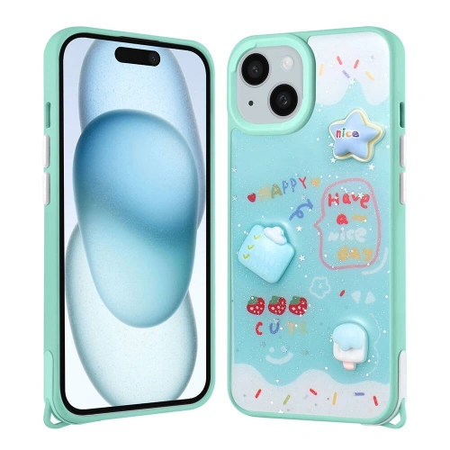 Apple iPhone 15 Plus Kılıf Parlayan Sıvılı Simli Kabartma Figürlü Redclick Cevze Kapak