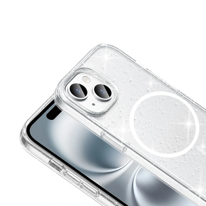 ​Apple iPhone 15 Plus Kılıf M-safe Şarj Özellikli Parlayan Simli Saydam Renkli Redclick Maris Kapak