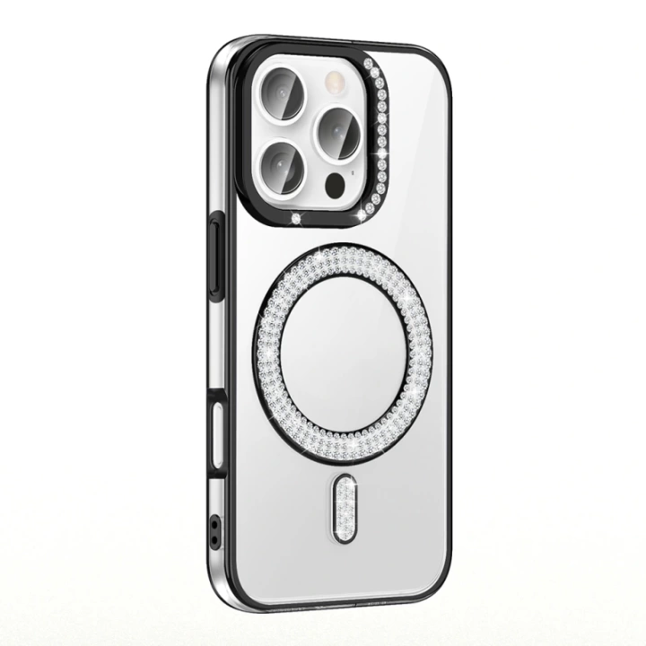 Apple iPhone 16 Pro Max Kılıf Pırlanta Taş Tasarımlı Magsafe Şarj Özellikli Redclick Karetta Silikon Kapak