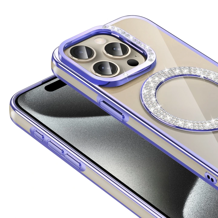 Apple iPhone 15 Pro Max Kılıf Pırlanta Taş Tasarımlı Magsafe Şarj Özellikli Redclick Karetta Silikon Kapak