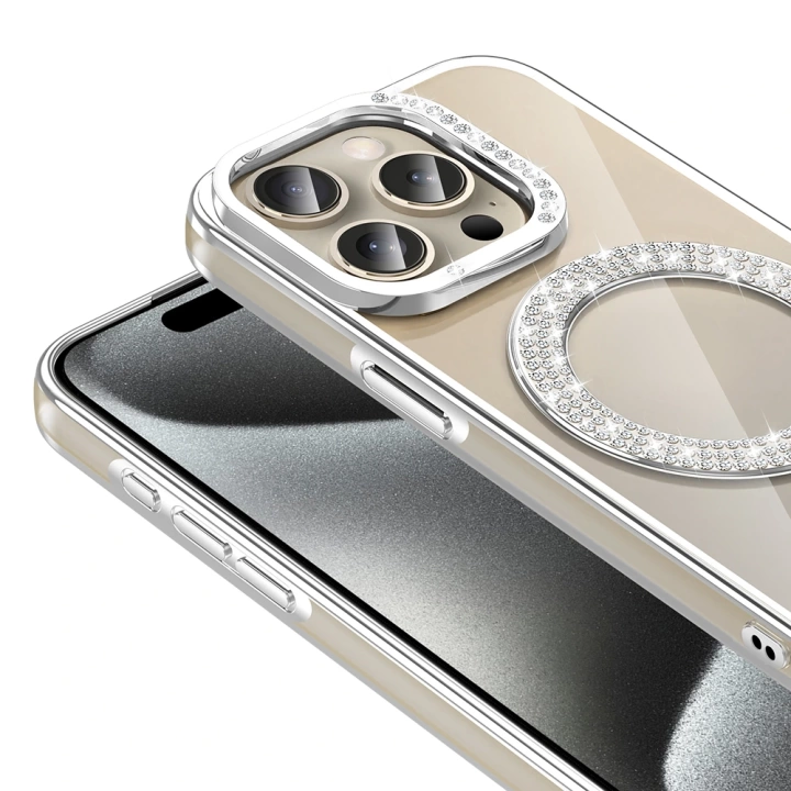 Apple iPhone 15 Pro Max Kılıf Pırlanta Taş Tasarımlı Magsafe Şarj Özellikli Redclick Karetta Silikon Kapak