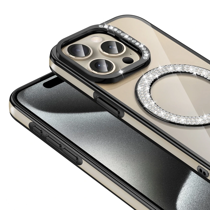 Apple iPhone 14 Pro Max Kılıf Pırlanta Taş Tasarımlı Magsafe Şarj Özellikli Redclick Karetta Silikon Kapak