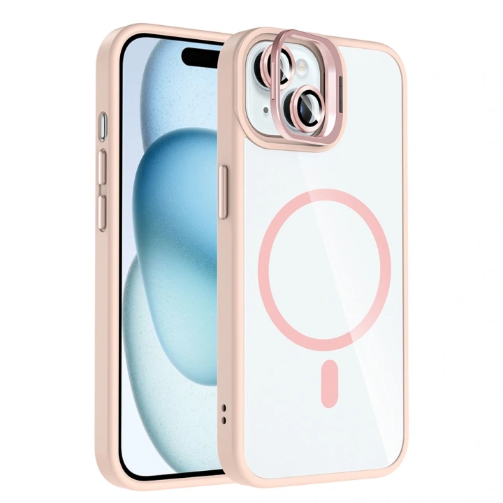 Apple iPhone 15 Kılıf Standlı ve Kamera Lens Hediyeli M-Safe Şarj Özellikli Redclick Etro Kapak
