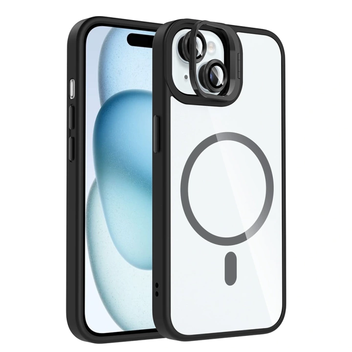 Apple iPhone 15 Kılıf Standlı ve Kamera Lens Hediyeli M-Safe Şarj Özellikli Redclick Etro Kapak