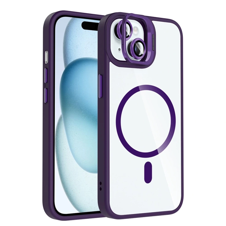 Apple iPhone 15 Kılıf Standlı ve Kamera Lens Hediyeli M-Safe Şarj Özellikli Redclick Etro Kapak