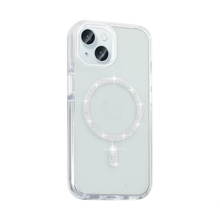 Apple iPhone 15 Kılıf Taşlı Tasarım M-safe Şarj Özellikli Redclick Koment Silikon Kapak