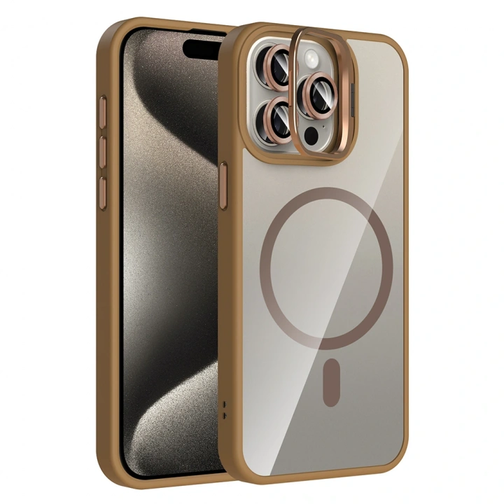 Apple iPhone 15 Pro Kılıf Standlı ve Kamera Lens Hediyeli M-Safe Şarj Özellikli Redclick Etro Kapak