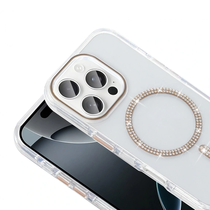 Apple iPhone 15 Pro Max Kılıf Taşlı Tasarım M-safe Şarj Özellikli Redclick Koment Silikon Kapak
