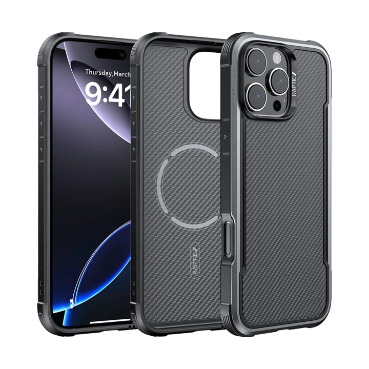 Apple iPhone 16 Pro Max Kılıf M-safe Şarj Özellikli Airbagli Raptic Apex Serisi Karbon Fiber Tasarımlı Kapak