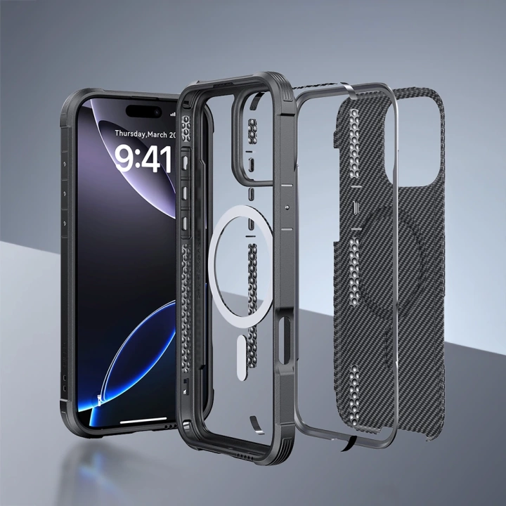 Apple iPhone 16 Pro Max Kılıf M-safe Şarj Özellikli Airbagli Raptic Apex Serisi Karbon Fiber Tasarımlı Kapak