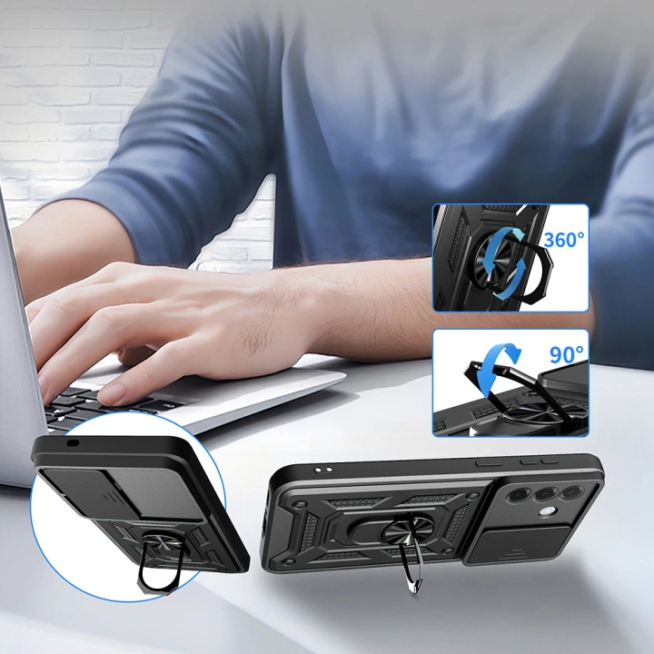 Galaxy A57 Kılıf Magnetik Standlı Kamera Korumalı Redclick Sürgülü Vega Kapak