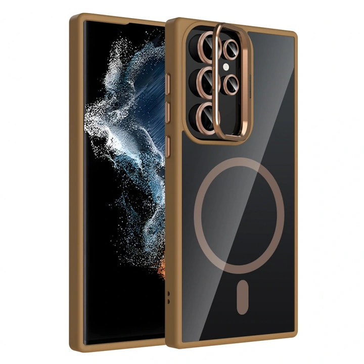 Galaxy S22 Ultra Kılıf Standlı ve Kamera Lens Hediyeli M-Safe Şarj Özellikli Redclick Etro Kapak