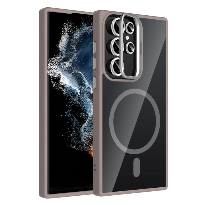 Galaxy S23 Ultra Kılıf Standlı ve Kamera Lens Hediyeli M-Safe Şarj Özellikli Redclick Etro Kapak