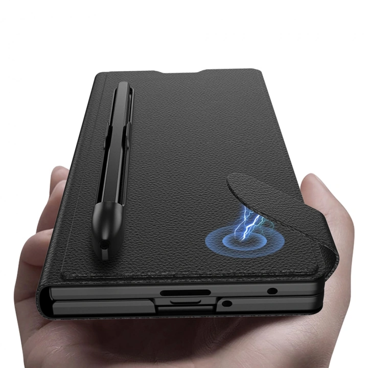Galaxy Z Fold 7 Suni Deri Tasarımlı Kalem Bölmeli Redclick Kıpta Kartlıklı Standlı Kapak