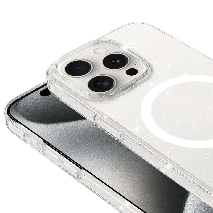 iPhone 15 Pro Kılıf Redclick Magsafe Şarj Özellikli Simli Şeffaf Arka Yüzey Erdos Silikon Kapak