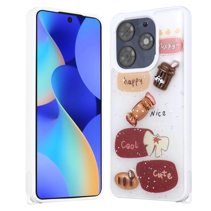 Tecno Spark 10 Pro Kılıf Parlayan Sıvılı Simli Kabartma Figürlü Redclick Cevze Kapak