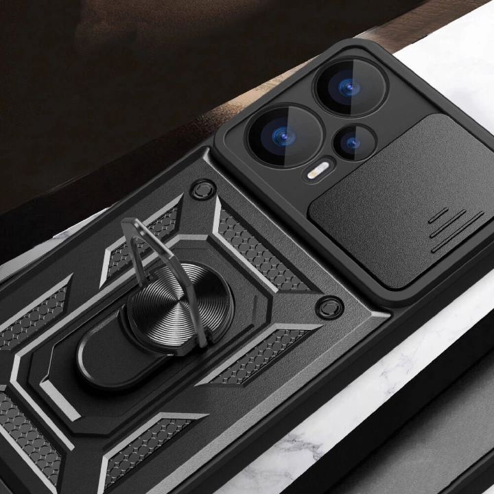 Xiaomi Poco F5 Kılıf Magnetik Standlı Kamera Korumalı Redclick Sürgülü Vega Kapak