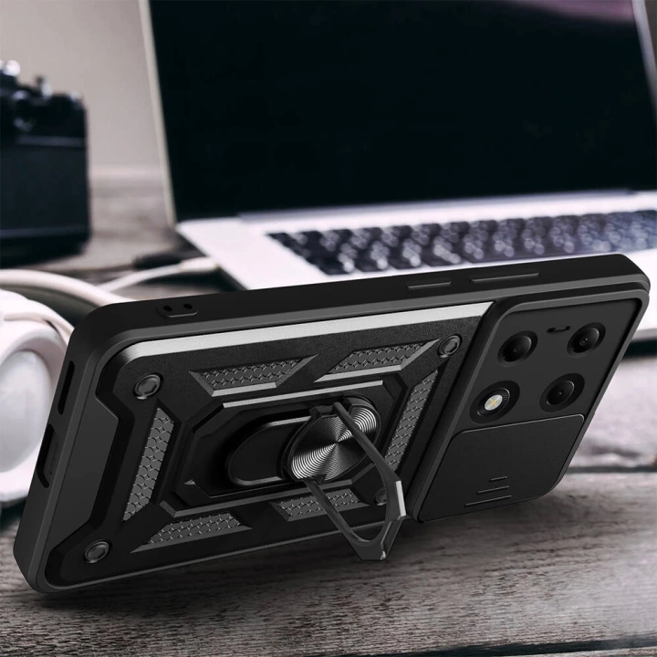 Xiaomi Poco M6 Pro 4G Kılıf Magnetik Standlı Kamera Korumalı Redclick Sürgülü Vega Kapak