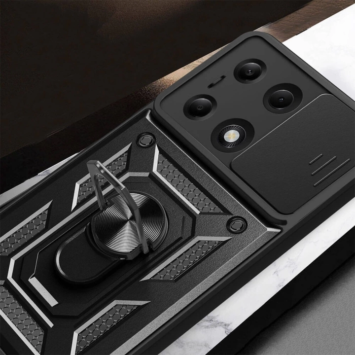 Xiaomi Poco M6 Pro 4G Kılıf Magnetik Standlı Kamera Korumalı Redclick Sürgülü Vega Kapak