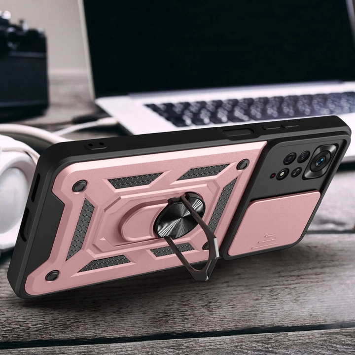 Xiaomi Redmi Note 11 Pro 4G Kılıf Magnetik Standlı Kamera Korumalı Redclick Sürgülü Vega Kapak