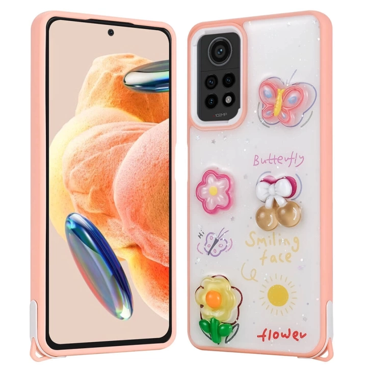 Xiaomi Redmi Note 12 Pro 4G Kılıf Parlayan Sıvılı Simli Kabartma Figürlü Redclick Cevze Kapak