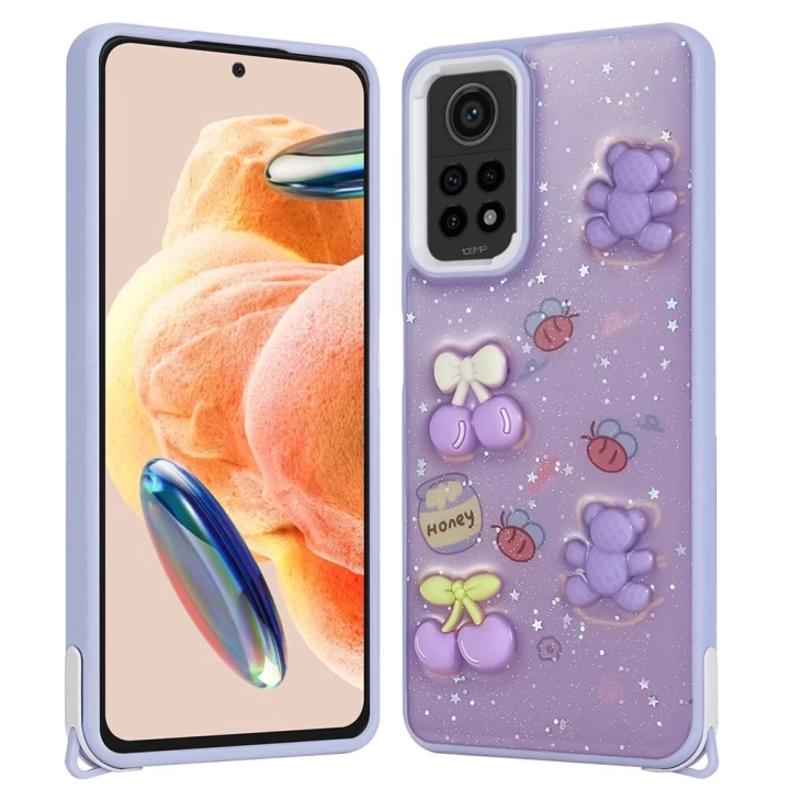 Xiaomi Redmi Note 12 Pro 4G Kılıf Parlayan Sıvılı Simli Kabartma Figürlü Redclick Cevze Kapak