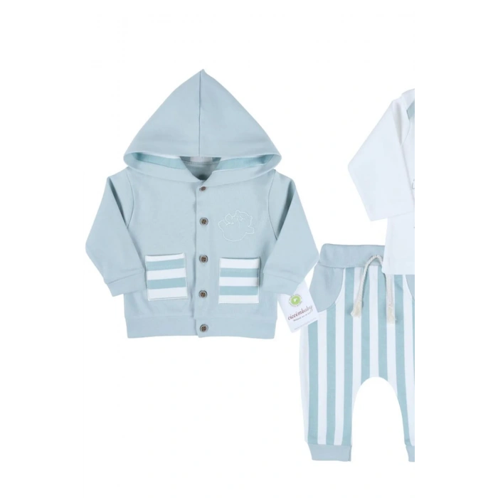 Ayıcık Nakışlı Hırkalı % 100 Pamuk Erkek Bebek Takım