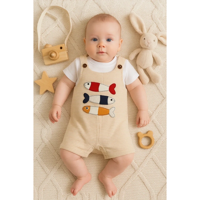 Balık Nakışlı Kısa Kollu Erkek Bebek Tulumu