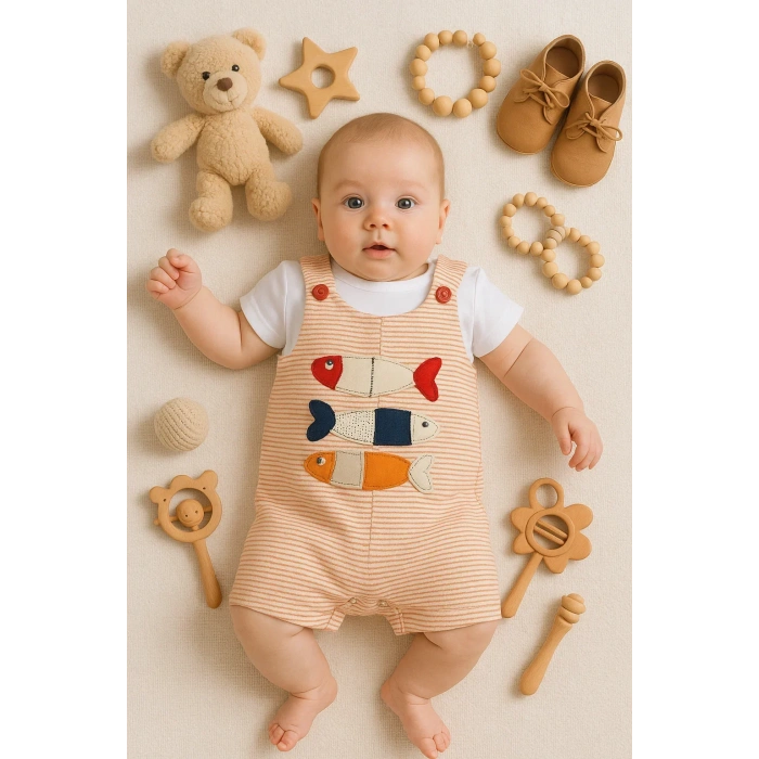 Balık Nakışlı Kısa Kollu Erkek Bebek Tulumu