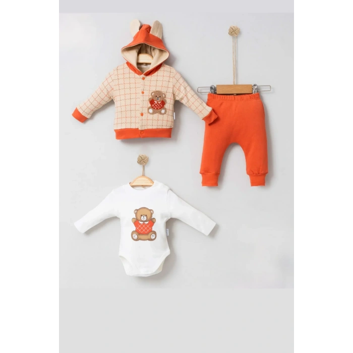 Bear Çizgili % 100 Pamuk Hırkalı 3lü Bebek Takımı