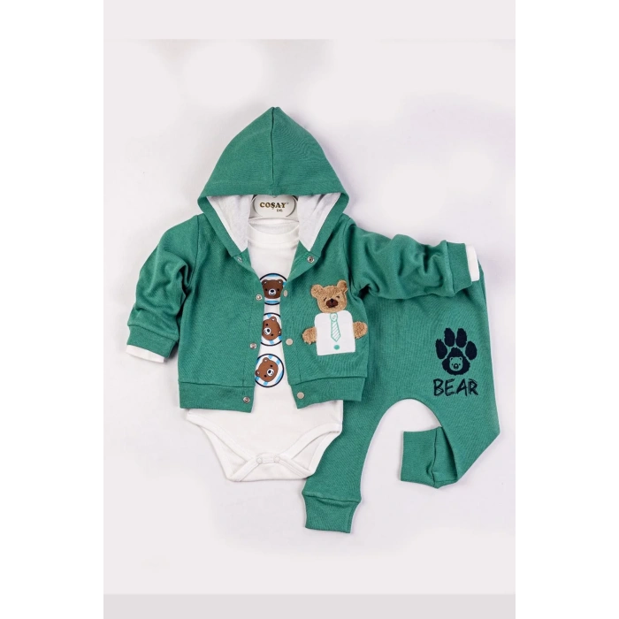 Bear Nakışlı Kapişonlu Erkek Bebek Takım